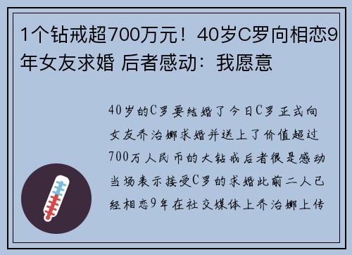 1个钻戒超700万元！40岁C罗向相恋9年女友求婚 后者感动：我愿意