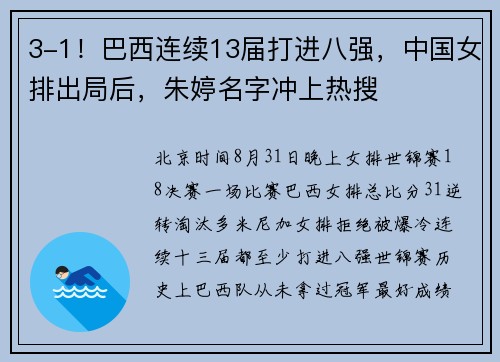3-1！巴西连续13届打进八强，中国女排出局后，朱婷名字冲上热搜